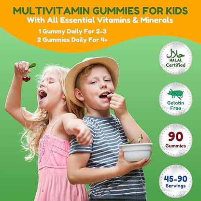 SHIFAA NUTRITION Halal Kids Multivitamin Gummies, 45-90 Days Supply, with All Essential Kids Vitamins. Toddler Vitamins with Vitamin C, D, Zinc, A, E, B6, B12, Biotin | Halal Gummies for Kids