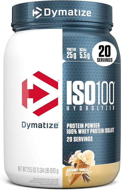 Dymatize ISO100 Whey Protein Powder Isolate, Gourmet Vanilla, 25g of Protein, 5.5g BCAAs, Less Than 120 Cal., Gluten Free, 1g Fat, 1g Sugar, 2g Carb (20 Servings)