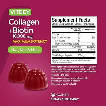 Viteey Collagen Gummies with Biotin Gummies for Hair Skin and Nails Vitamins - Biotin and Collagen Supplements for Women & Men - Gluten-Free – 120 Count