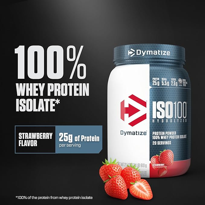 Dymatize ISO100 Whey Protein Powder Isolate, Strawberry, 25g of Protein, 5.5g BCAAs, Less Than 120 Cal., Gluten Free, 1g Fat, 1g Sugar, 2g Carb (20 Servings)
