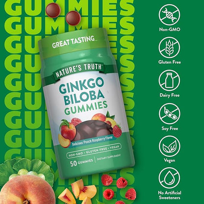 Nature's Truth Ginkgo Biloba Gummies | 50 Count | Peach Raspberry Flavor | Vegan, Non-GMO & Gluten Free Extract Supplement