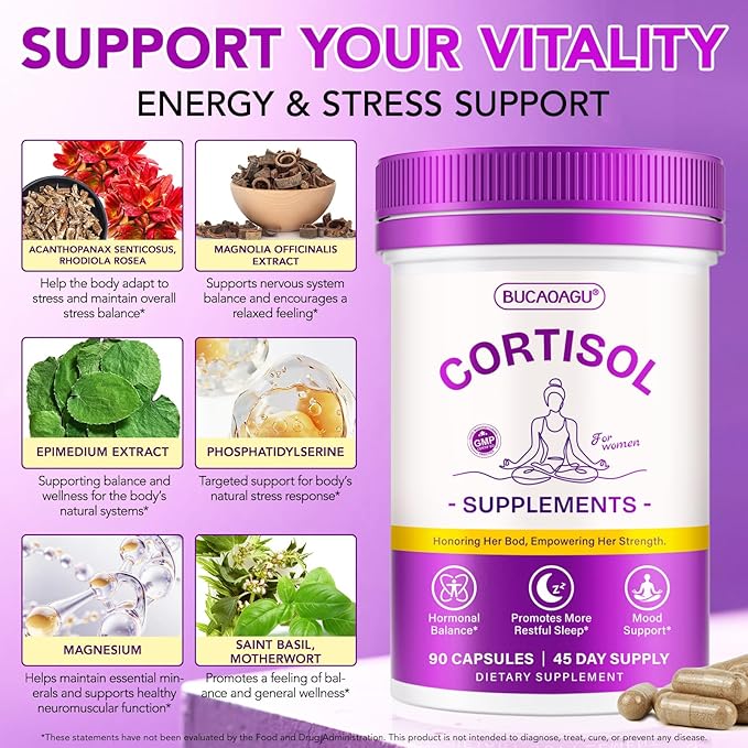 Cortisol Supplements for Women - Cortisol Reducer & Stress Support - Magnolia Bark, Rhodiola Rosea, Holy Basil, Magnesium, Phosphatidylserine - Hormone Balance & Mood, Focus, Sleep Support