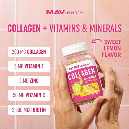 Collagen Gummies for Women | 200mg Hydrolyzed Collagen + 2500mcg Biotin, With Vitamin C, E & Zinc | Anti Aging, Hair Growth, Skin, Strong Nails | Non-GMO Gummy Vitamin Supplements | 60 Count