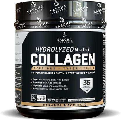 SASCHA FITNESS Hydrolyzed Multi Collagen Peptides Tipes 1,2 & 3 |Hyaluronic Acid|Biotin |Cynatine HSN|Vitamin C & E |for Hairs, Skin & Bone Support|Caramel Macchiato