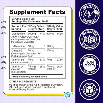 Kids Magnesium Liquid Drops-Magnesium Glycinate Liquid for Kids Supplement-w/L-theanine, Omega-3, Vitamin B6, D3 - for Sleep, Relaxation, Brain, Bones - Cherry Flavor, 4 Fl Oz