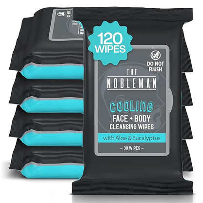 Men's Cooling Face + Body Cleansing Wipes - 4 Pack - 120 Count Post Workout Travel Towlettes