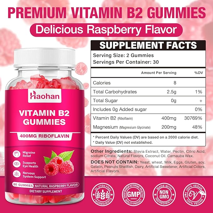Haohan Vitamin B2 400mg with Magnesium Gummies for Migraine and Nervous System Support in Sugar-Free Vegan Raspberry Flavor, 120 Count for Adults and Kids