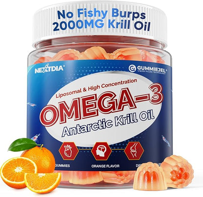 Liposomal Antarctic Krill Oil Omega 3 Gummies 2000mg - Cellular Level Absorption Omega-3 with EPA, DHA & Astaxanthin - Antioxidant & Brain Support - Fish Oil Supplements Alternative - 60 Count