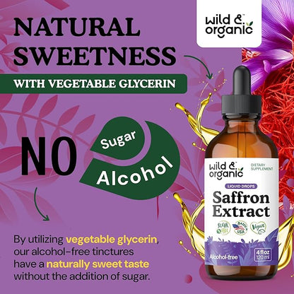 Wild & Organic Saffron Supplements 88.5 mg - 5-Month Supply - Saffron Extract Drops for Mood, Focus, Eye Support - Crocus Sativus Liquid Extract - Vegan, Alcohol & Sugar-Free Tincture - 4 fl oz