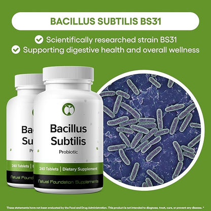 Natural Foundation Supplements Bacillus Subtilis Probiotic Supplement 240 Tablets 3 Billion CFU Probiotics for Men & Women Supports Intestinal Digestive & Gut Health (240, Bacillus Subtilis)