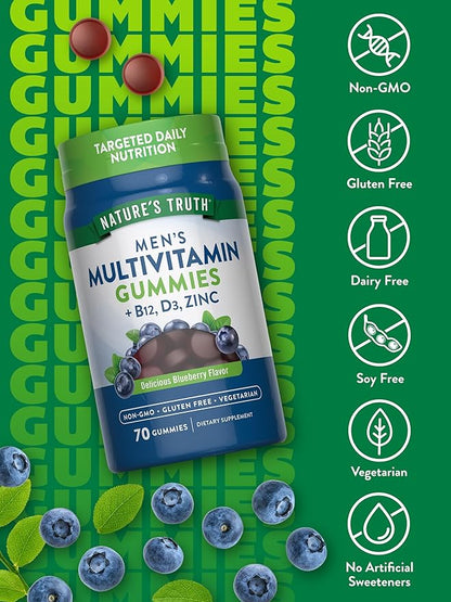 Nature's Truth Multivitamin for Men Gummies | 70 Count | Blueberry Flavor | with B12, D3 & Zinc | Vegetarian, Non-GMO and Gluten Free Supplement