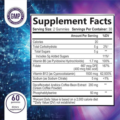 Nootropic Brain Booster Gummies Supplement - Memory, Focus & Concentration Gummy with Vitamins B6 & B12, Proven and Tested Phosphatidylserine - Natural Cognitive Function & Energy Boost, 60 Gummies