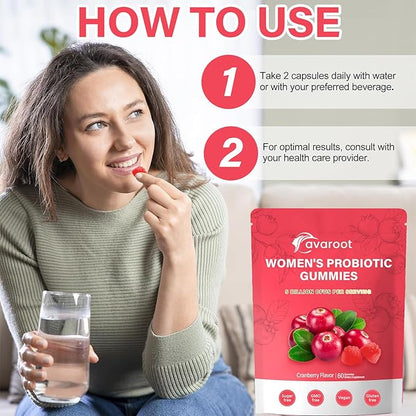avaroot Women's Vaginal Probiotics, Women's Balanced pH Gummies, Healthy Smell, Yeast Balance and Flora + Vitamin C, Immune Support - Cranberry Flavor (1pc)