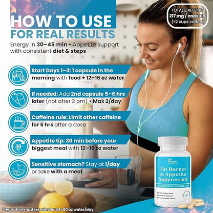 Fat Burner for Women & Men - Appetite Suppressant for Weight Loss - Pills with Chromium, Caffeine & Green Tea Extract - Metabolism Booster Thermogenic Weight Loss - 35 Capsules