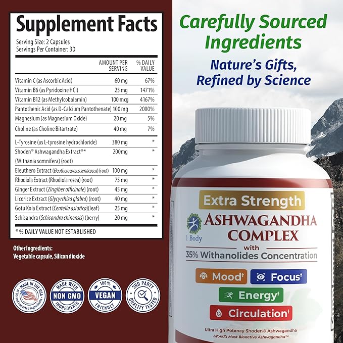 1 Body Adrenal Support Supplement – Ashwagandha Adrenal Complex for Stress, Energy & Mood – Adaptogens with Rhodiola, Eleuthero & B Vitamins – Adrenal Fatigue Support – 60 Vegan Capsules