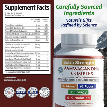 1 Body Adrenal Support Supplement – Ashwagandha Adrenal Complex for Stress, Energy & Mood – Adaptogens with Rhodiola, Eleuthero & B Vitamins – Adrenal Fatigue Support – 60 Vegan Capsules