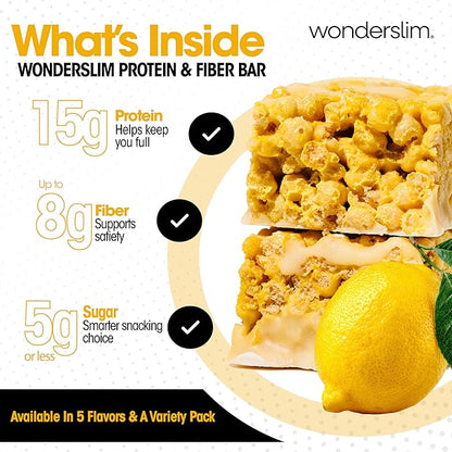 Wonderslim High Fiber Protein Bars, Fluffy Lemon Crisp | 15g Protein, 8g Fiber | Low Sugar, Low Carb | Healthy Indulgence | Satisfying, Supports Energy & On-the-Go Convenience, 7 Pack