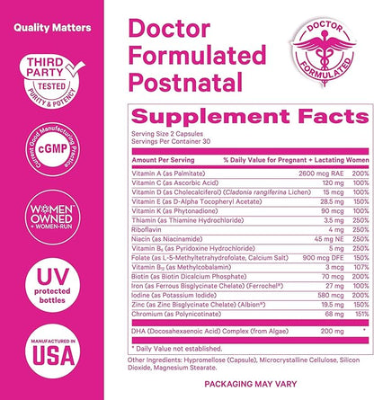 Pink Stork Total Postnatal Vitamins for Women | Vegan DHA, Iron, Folate, B12 | Postpartum Recovery Essentials | Lactation Support for Breastfeeding Moms | Third-Party Tested - 60 Capsules, Berry