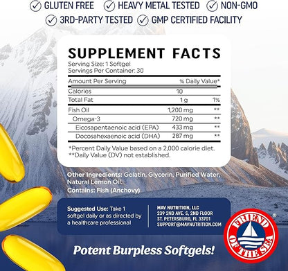 Triple Strength Omega 3 Fish Oil 1200 mg | EPA & DHA | Wild Caught, Sustainably Sourced Omega-3 Fatty Acids | Premium Burpless Fish Oil Supplements | Non-GMO, Third-Party Tested | 30 Softgels
