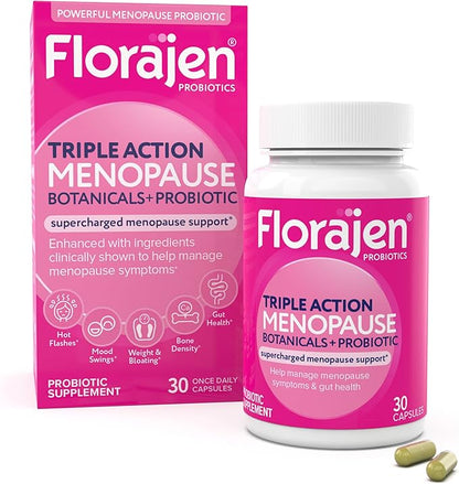 Florajen Triple-Action Menopause Probiotic - Hormonal Balance, Hot Flash, & Mood Swing Relief - Weight Management & Digestive Support - Featuring Berberine, Black Cohosh, & Botanical - 30 Capsules