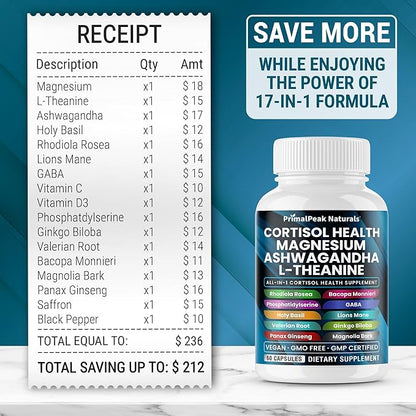 Cortisol Supplements for Women and Men with Magnesium, Ashwagandha, Rhodiola Rosea, L-Theanine for Cortisol Reducer, Stress Relief and Sleep Support Vegan Capsules - 60 Count