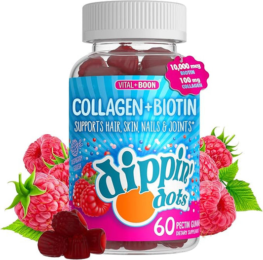 Vital+Boon Dippin' Dots - Biotin Collagen Gummies for Women and Men - Hair, Skin & Nails Support - 10,000 mcg Biotin - Vegetarian, Non-GMO, Gluten-Free (60 Count)