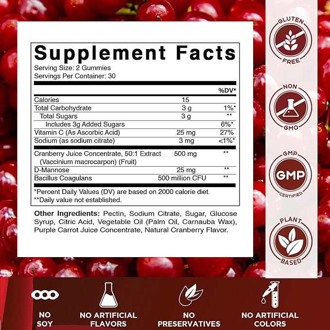 Vitamatic Cranberry Gummies with D-Mannose, Probiotics, Vitamin C – Plant-Based Botanical Extract – Vegan, Non-GMO – 60 Count