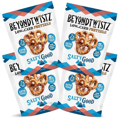BeyondTwistz Low Carb Pretzels, Salty Good, Keto Friendly, 2g Net Carbs, 18g Protein, Powered By HealthSense® High Fiber Wheat Flour, Family Size 8oz Bag, Pack of 4