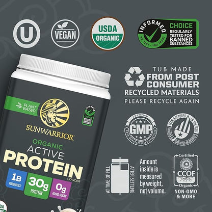 Sunwarrior Organic Plant Based Protein Powder | Vegan Organic Protein Powder with BCAA Amino Acids Plus Recovery Minerals & Botanicals | Non-GMO Soy Dairy & Gluten Free (Vanilla, 20 Servings)
