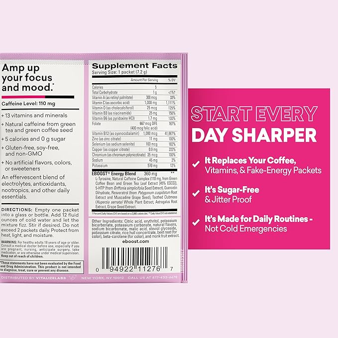 EBOOST Super Powder Drink Mix - Pink Lemonade 0.2 oz 20 Pack Hydration Energizer Electrolytes Powder - 13 Vitamins & Minerals - 110 mg Caffeine - 0 Added Sugar - No Artificial Flavors or Sweeteners