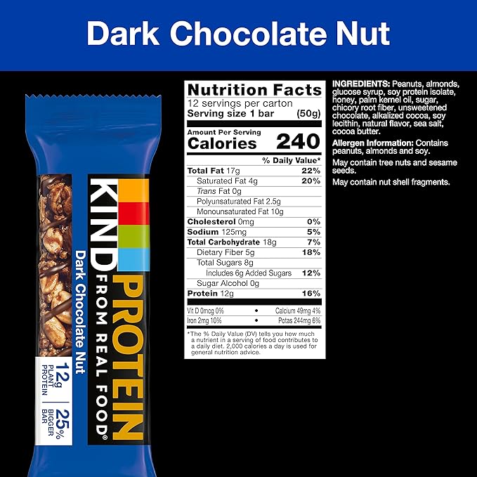 KIND Protein Bars, Dark Chocolate Nut, Healthy Snacks, Gluten Free, 12g Protein, 12 Count (Pack of 2)