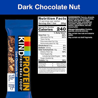 KIND Protein Bars, Dark Chocolate Nut, Healthy Snacks, Gluten Free, 12g Protein, 12 Count (Pack of 2)