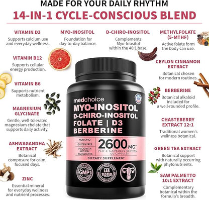14-in-1 Women’s Inositol Complex Supplement – 40:1 Myo & D-Chiro Inositol with Folate, Vitamin D3, Zinc, Magnesium & Botanicals for Hormone & Feminine Wellness Support – (120 Capsules) (Pack of 4)