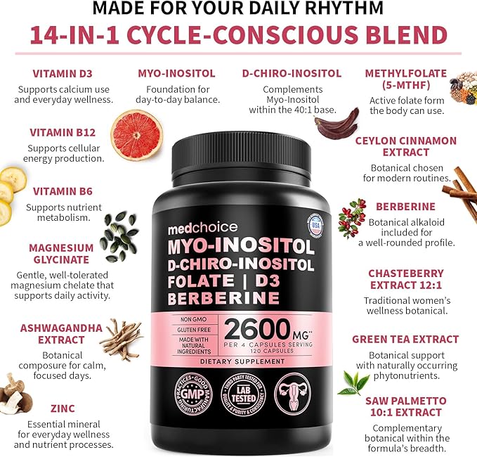 14-in-1 Women’s Inositol Complex Supplement – 40:1 Myo & D-Chiro Inositol with Folate, Vitamin D3, Zinc, Magnesium & Botanicals for Hormone & Feminine Wellness Support – (120 Capsules) (Pack of 2)