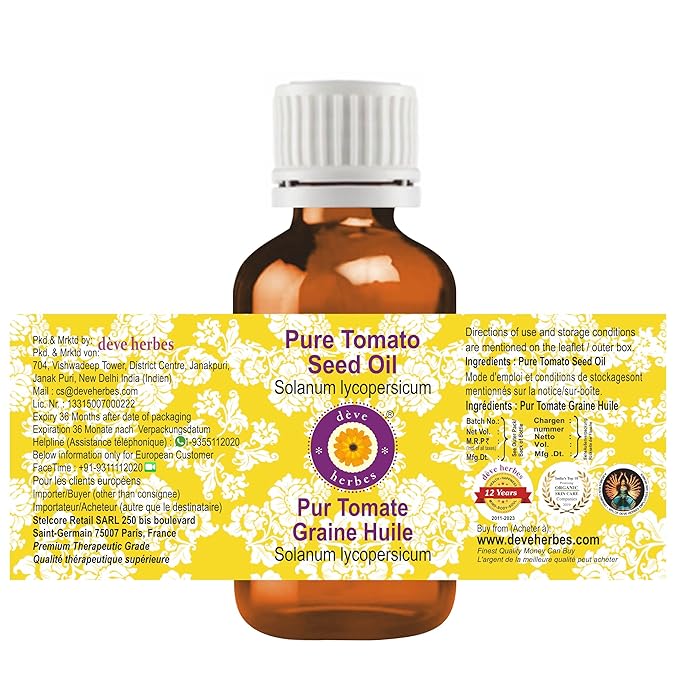 Deve Herbes Tomato Seed Oil (Solanum lycopersicum) | Cold Pressed | Pure | Natural | Undiluted | For Diluting Essential oils | For Skin & Massage | Non-Sticky| Lightweight| Men & Women | 30ml (1 oz)
