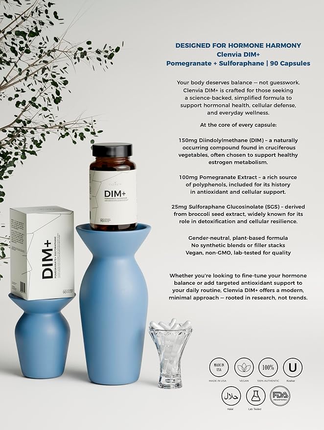 DIM Supplement with Pomegranate & Sulforaphane – Estrogen Supplement for Women and Men – Diindolylmethane with Antioxidant Ingredients – 90 Capsules, Vegan Formula with SGS & Fruit Extracts & Non-GMO