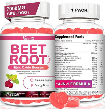 Beet Root Gummies – Nitric Oxide Beetroot Gummies with Coq 10, Grape Seed, Pomegranate for Circulation & Energy Support – Vegan, Non-GMO, 60 Beet Chews