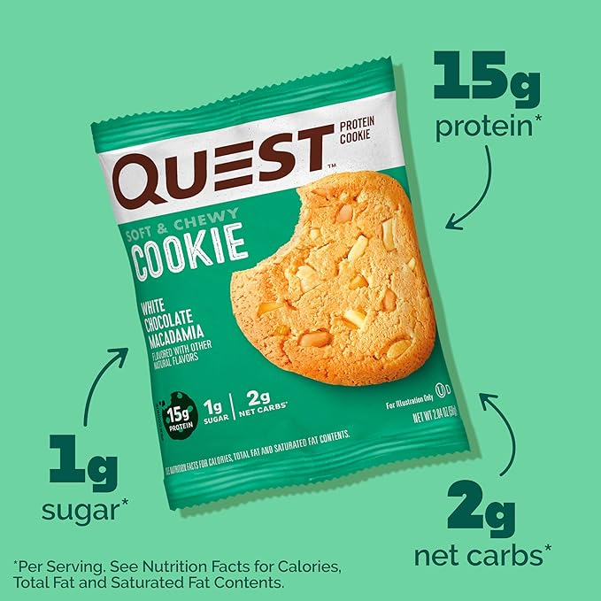 Quest Nutrition White Chocolate Macadamia Protein Cookie,15g Protein,1g Sugar,2g Net Carbs,Keto Friendly,High-Protein,Low Carb;,4 Count (Pack of 2)