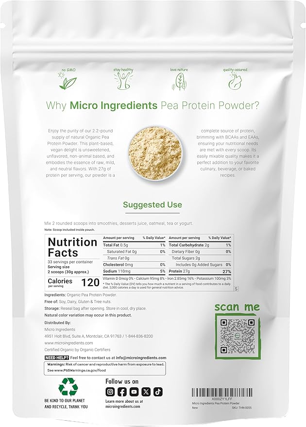 North America Grown, Organic Pea Protein Powder, 1KG (2.2 Pounds) | Plant-Based Vegan Protein, Meatless Protein Supplement, Natural Branched Chain Amino Acids | Non-GMO, Soy Free