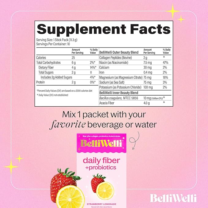 Belli Welli Daily Fiber Supplement Packets with Collagen, Probiotics & Electrolytes | Single Serve Packets for Gut Health, Digestion & Debloating | Strawberry Lemonade | 10 Count