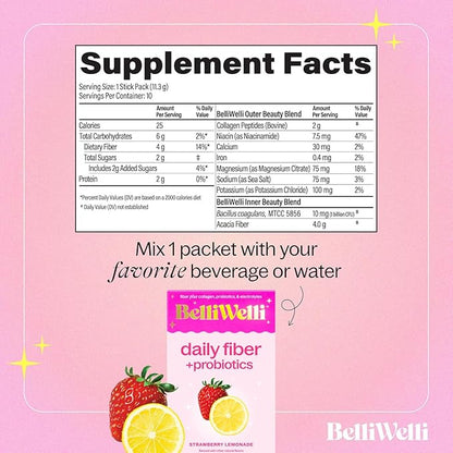 Belli Welli Daily Fiber Supplement Packets with Collagen, Probiotics & Electrolytes | Single Serve Packets for Gut Health, Digestion & Debloating | Strawberry Lemonade | 10 Count