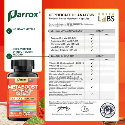 GLP-1 Booster Supplement, Akkermansia, L-Carnitine, Berberine (GlucoVantage), Methylfolate, Methylated B12, Chromium, Capsimax, Psyllium Husk, Probiotics Vitamins D3, B6, 20-in-1 Plant-Based (60 Caps)