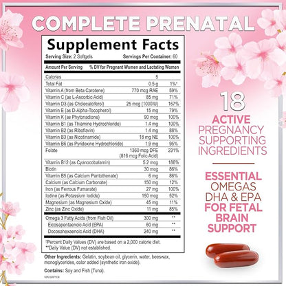 Prenatal Vitamins for Women - Prenatal Multivitamin with Folic Acid & Omega 3 DHA Fetal Development Support - Pregnancy Vitamin Supplement with, Vitamin A, C, D, B6, B12 & Iron - 120 Softgels