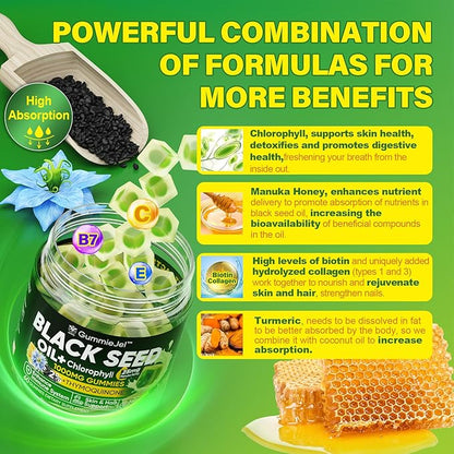 Black Seed Oil Gummies & Chlorophyll, Biotin 500mcg with Hydrolyzed Collagen, Raw Manuka Honey, Organic Cold Pressed - Ultimate Absorption for Skin, Hair & Nails, Digestive, Overall Health, 1 Pack