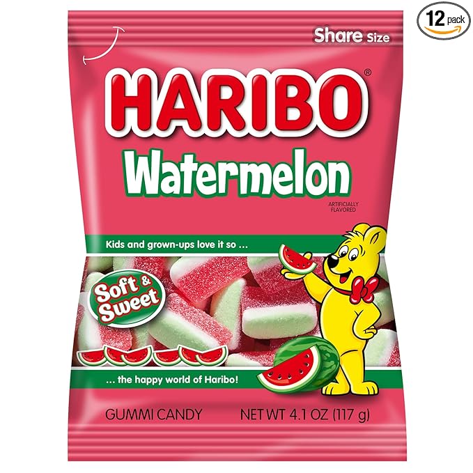 HARIBO Gummi Candy, Watermelon Gummy Candy, 4.1 Ounce Share Size Bags (Pack of 12) Delicious Soft, Chewy & Juicy Sweet Snacks, Fruity Watermelon Flavor