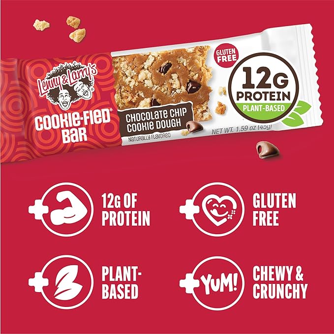 Lenny & Larry's Cookie-fied Bar – Chocolate Chip Cookie Dough Vegan Protein Bars 9x45g – Healthy Snacks with 12g Plant Protein & 5g Fiber – Gluten-Free Power Bar, Non-GMO & Vegan