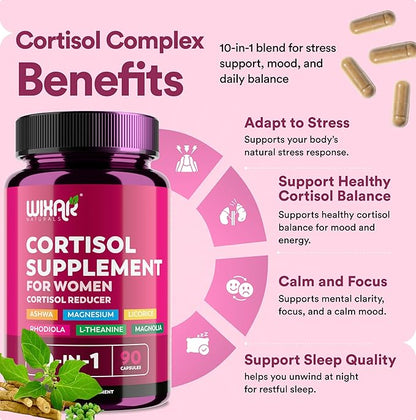 WIXAR Cortisol Supplements for Women with Ashwagandha, Magnesium, L-Theanine, Rhodiola Rosea - for High Cortisol Balanace Manager - for Sleep Support, Mood & Focus Supplement - 90 Capsules