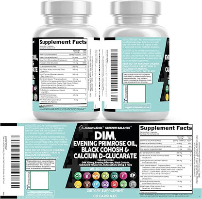 Clean Nutraceuticals DIM Evening Primrose Black Cohosh Calcium D-Glucarate Sulforaphane Flax Seed Extract - Hormonal Support Vitamins for Women with Dong Quai - 60 Caps