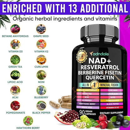 Adndale Liposomal NAD Supplement. Longevity Formula NMN Supplement Alternative. 180CT Advanced NAD+ Resveratrol