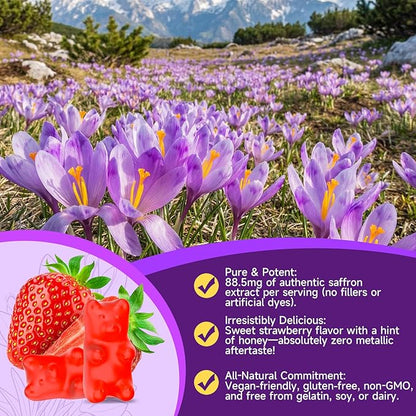 Saffron Supplements for Kids & Adults, 10 in 1 Saffron Gummies 88.5mg Saffron Extract with Ashwagandha, L-Theanine for Calm, Zzz, Antioxidant, Sugar-Free/Organic, Strawberry Flavor 120 Count